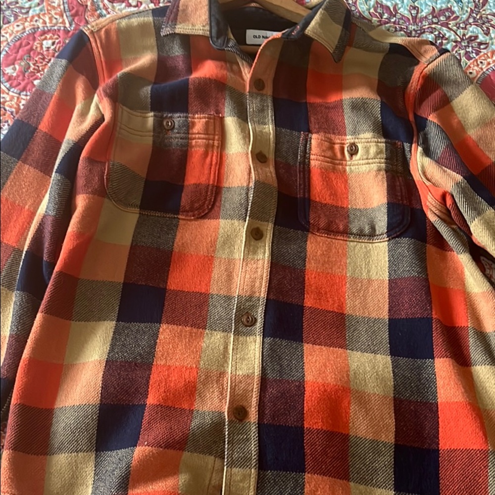 Old Navy Men's Plaid Shirt - Red, Orange, Navy, and Cream